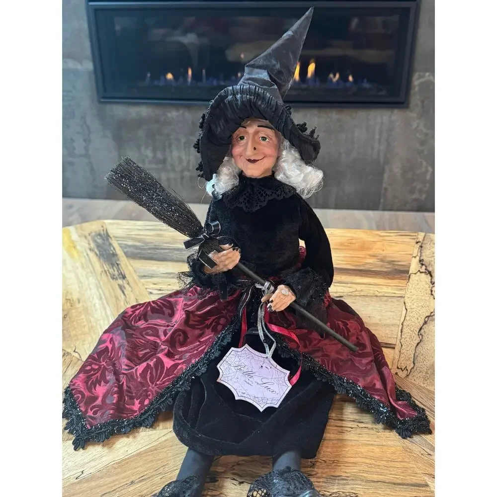 Bella Lux 24” Halloween Witch Doll Shelf Sitter Matilda Burgundy Brocade Broom